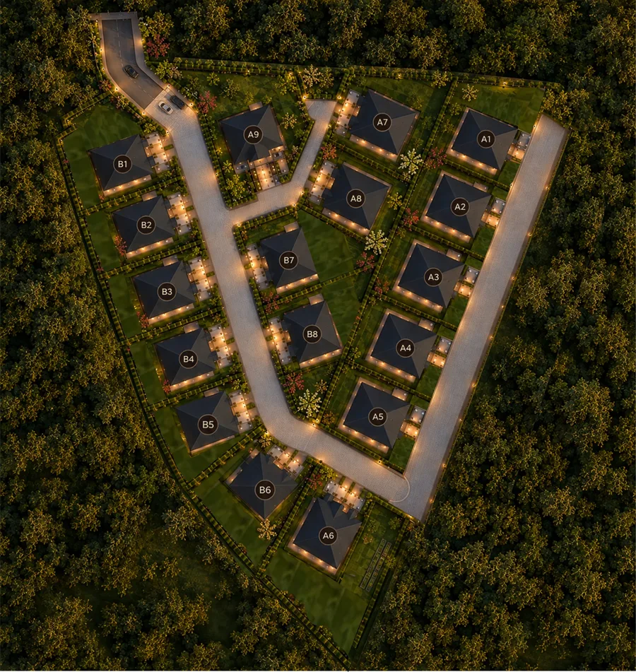 Plan osiedla Smart Luxury z lotu ptaka – rozmieszczenie 17 domów dwulokalowych A1–A9 i B1–B8