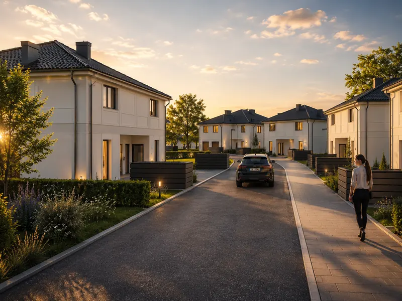 Uliczka osiedla Smart Luxury z białymi domami dwulokalowymi, zielenią i oświetleniem