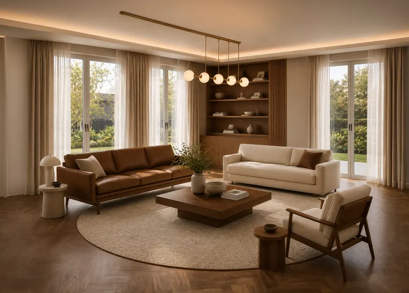 Wnętrze salonu w domu Smart Luxury – ciepłe drewno, skórzana sofa i duże przeszklenia